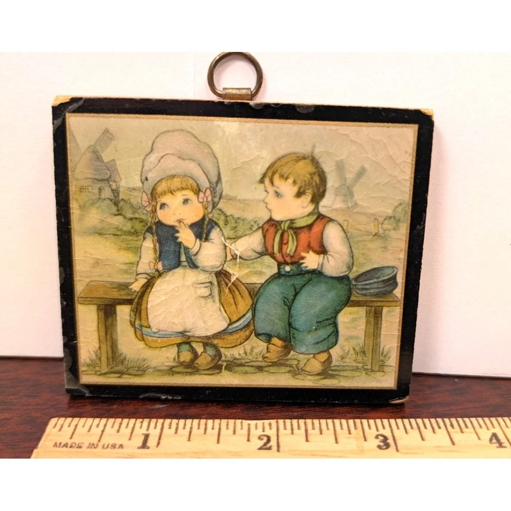 Vintage Dutch Boy Girl Wood Plaque Print Windmill Cottage Childrens Wall Art